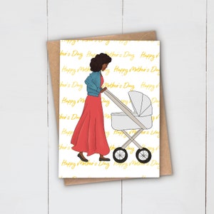 Carte de voeux pour la fête des mères | NOIR Art | Afro Africain Antillais | Magie des filles noires | Maman Maman Maman Maman | Landau pour poussette