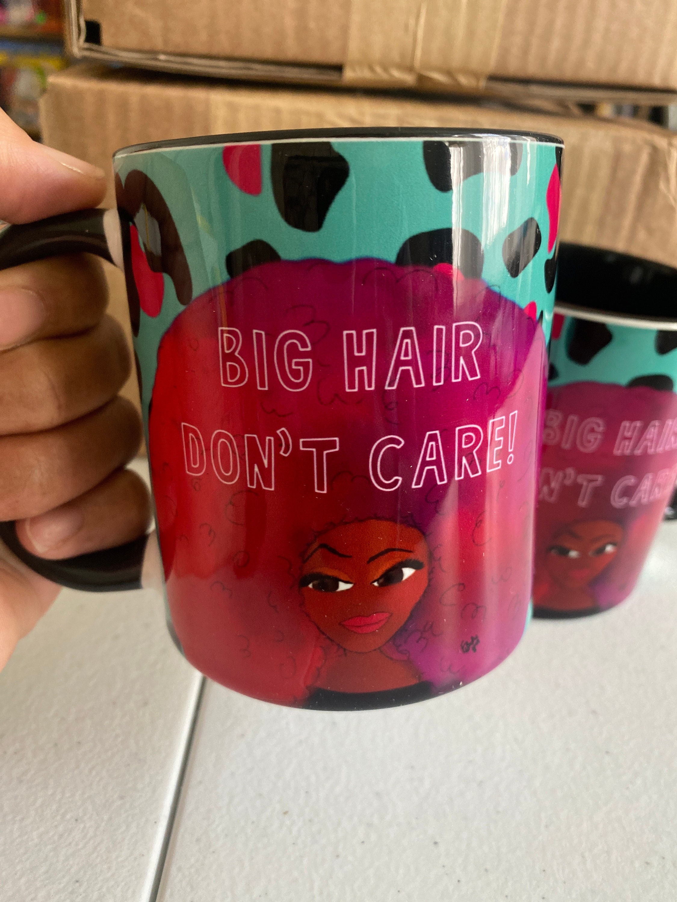 BLACK art Mug | Big Hair Don’t Care | Ceramic 11oz | Black Girl Magic | Afro African Caribbean | Woman | Lipstick | Eyelashes | Tea | Coffee