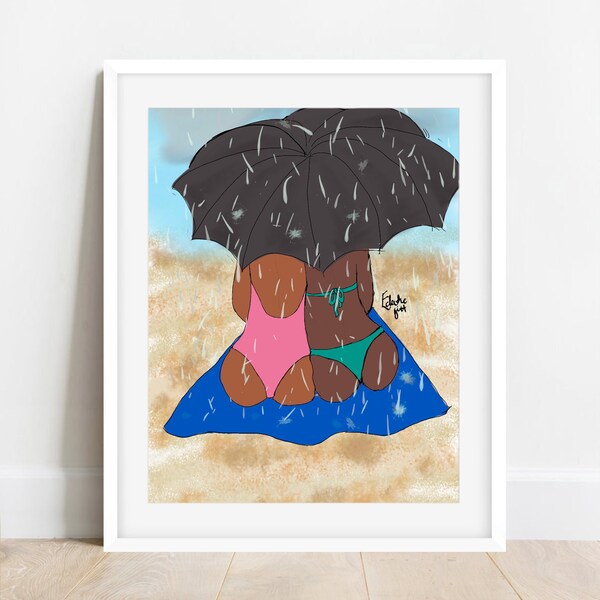 BLACK bathers art | BRITISH beach | Afro | African  Caribbean | Fine art | Black Girl Magic | Wall Poster | Print