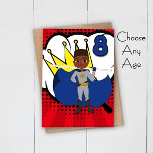 Zwarte jongen vreugde | Wenskaart | Kies uw leeftijd | Held kunst wenskaart | Rode en blauwe superman | Verjaardag | Viering