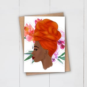 Carte de voeux noire de portrait de beauté | Foulard afro-africain caribéen | Magie des filles noires | Anniversaire | Femme Celebration | Fleurs