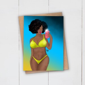 Carte de voeux noire de portrait de beauté | Bikini de plage Body Positive | Afro Africain Antillais | Magie des filles noires | Célébration d'anniversaire Femme
