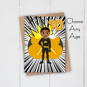 Black Boy Joy / Tarjeta de felicitación / Elige tu edad / Tarjeta de felicitación Hero Art / Super Man negro y amarillo / Cumpleaños / Celebración