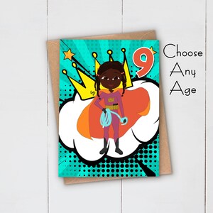 Zwarte meisjesmagie | Wenskaart | Kies uw leeftijd | Held kunst wenskaart | Roze en oranje supervrouw | Verjaardag | Viering