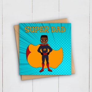 cartão do dia dos pais do super pai | Arte Negra | Herói pop | Afro Africano Caribenho | Saudação papai | Alegria do menino negro