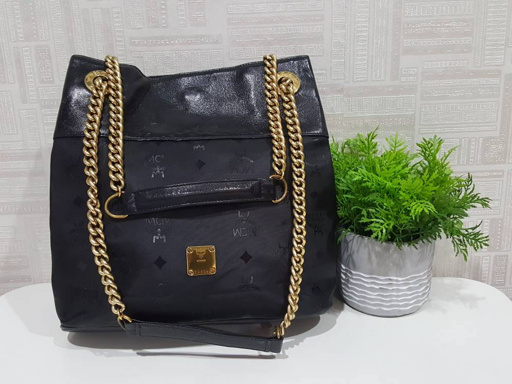 Authentic MCM Black Visetos Gold Chain Shoulder Bag / MCM Etsy
