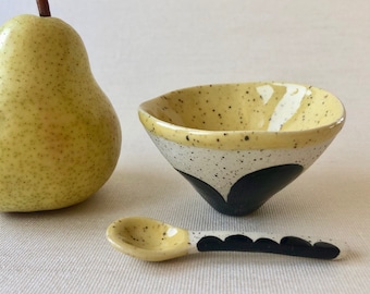 Small Ceramic Dish, Condiment Dish Set, Condiment Bowl, Ceramic Spoon, Salt Cellar, Bowl and Spoon Set