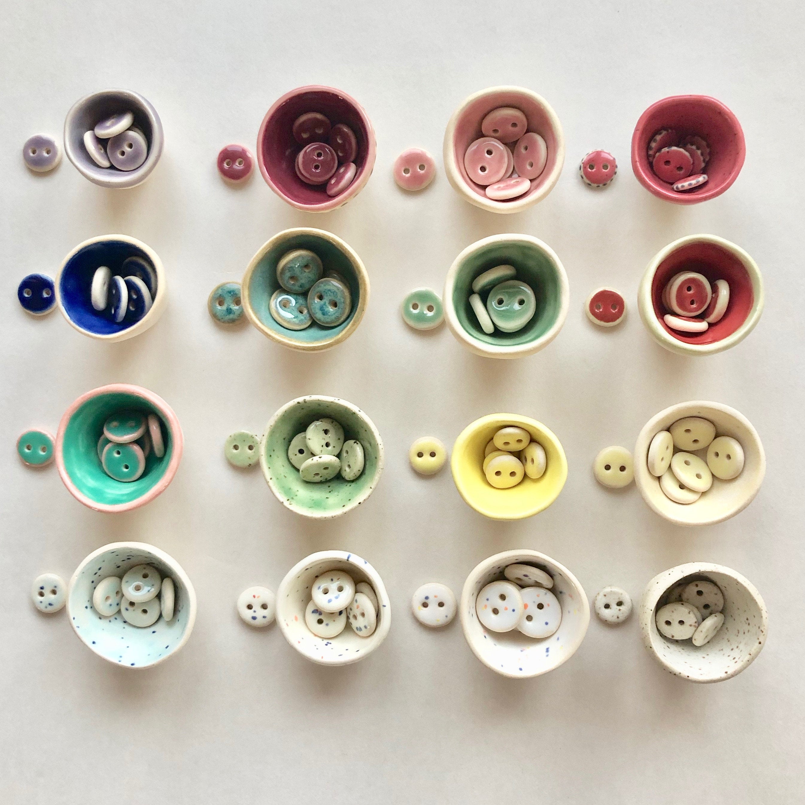 ceramic buttons, handmade buttons, glazed ceramic buttons, small bowls, tiny ceramic bowls, tiny pots, button holders