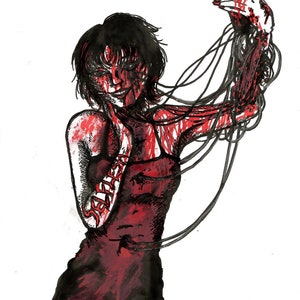 May include: A digital illustration of a woman with black hair and a red dress. Her face and arm are covered in blood and wires. She is holding a smartphone in her right hand and smiling.