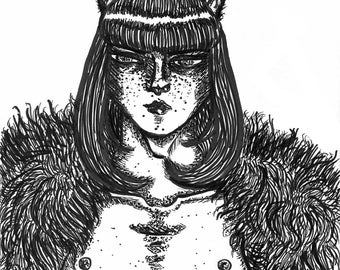 May include: Black and white ink drawing of a person with cat ears and a fur collar. The person has a serious expression and is wearing a fur collar.