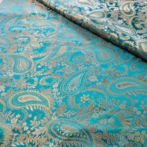 Teal Brocade Fabric Gold Paisley Pattern Jaquard Woven Green Silver Motif - By the Yard 54 inches wide