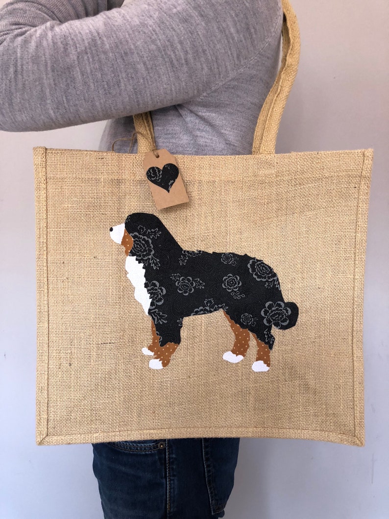 Luxury jute shopping bag featuring a Bernese Mountain Dog design the perfect gift for Bernese Mountain Dog owners and dog lovers alike