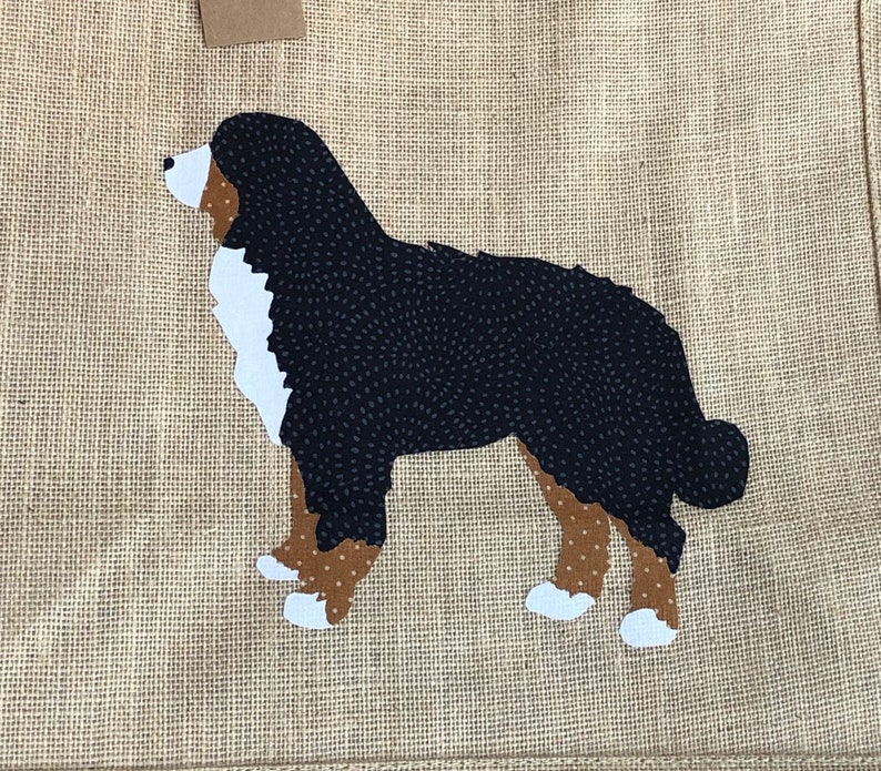 Luxury jute shopping bag featuring a Bernese Mountain Dog design the perfect gift for Bernese Mountain Dog owners and dog lovers alike