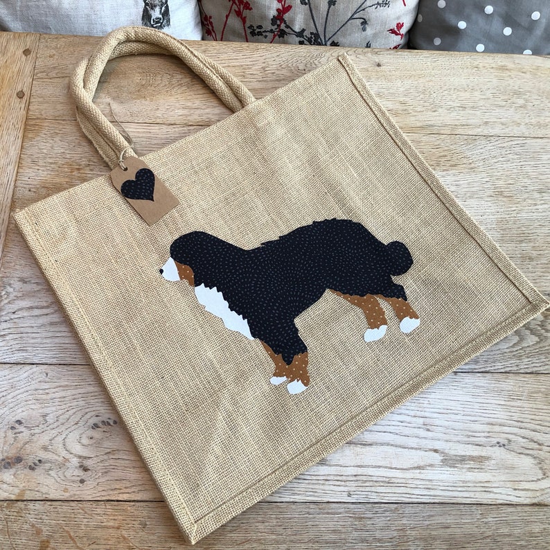 Luxury jute shopping bag featuring a Bernese Mountain Dog design the perfect gift for Bernese Mountain Dog owners and dog lovers alike
