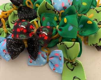 Dog bows, Assorted Christmas and New Years bows, elastic band, 7/8 ribbon, 1 1/2 inches in length