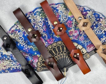 Small Leather Fan Holster with Snap, Laser Cut and Dyed for Smaller Hand Fans