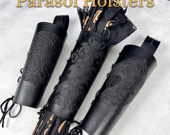 Leather Medium/Slim Parasol or Umbrella Holster, Laser Engraved and Hand Dyed Black