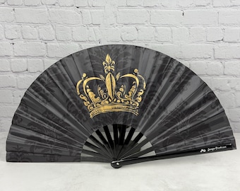 Golden Crown with Black Background Pattern Large Clack Fan Designed by Tara Vojta, Manufactured In Small Batches
