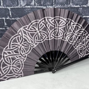 Knotwork Pattern in Dark Coffee on a Large Clack Fan Designed by Tara Vojta, Manufactured in a Limited Edition Batch
