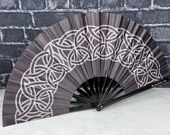 Knotwork Pattern in Dark Coffee on a Large Clack Fan Designed by Tara Vojta, Manufactured in a Limited Edition Batch