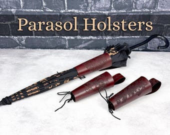 Leather Medium/Slim Parasol or Umbrella Holster, Laser Engraved and Hand Dyed Mahogany