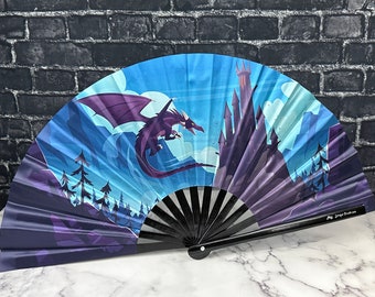 Purple Dragon with a Castle in the Blue Mountains Large Clack Fan Designed by Tara, Manufactured in Small Batches