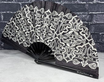Coal and Cream Scandinavian Inspired Pattern on a Large Clack Fan Designed by Tara and Manufactured in Limited Edition Batches