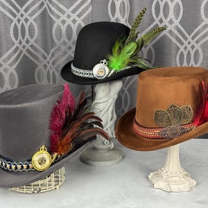 Steampunk Embellished Hat Options in Black, Brown and Gray.