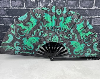 Green Dragons on a Black Damask Pattern, Large Clack Fan Designed by Tara Vojta, Manufactured In Small Batches
