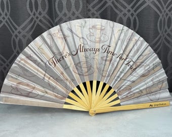 There’s Always Time for Tea with Teapots Printed on a Large Clack Fan Designed by Tara and Manufactured in Small Limited Edition Batches