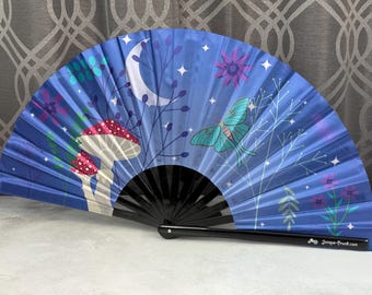 Cottagecore Evening Luna Moth and Mushrooms Printed on a Large Clack Fan Designed by Tara and Manufactured in Small Limited Edition Batches