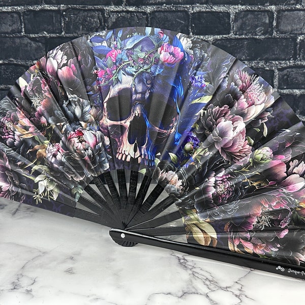 Peony Flowers and Skull Large Clack Fan Designed by Tara, Manufactured in Small Batches