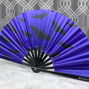 Bats in Black on a Purple Background Large Clack Fan Designed by Tara, Manifactured in Small Batches