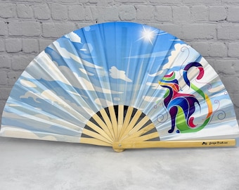 Rainbow Pride Sky Cat Large Clack Fan Designed by Tara Vojta, Manufactured In Small Batches