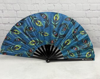 Teal Peacock Feather Swirl Large Clack Fan Designed by Tara Vojta, Manufactured In Small Batches