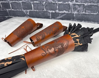 Leather Medium/Slim Parasol or Umbrella Holster, Laser Engraved and Hand Dyed Walnut