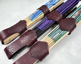 Large Leather Fan Holsters, Laser Engraved then Hand Dyed Mahogany, for Large 13” Clack Fans