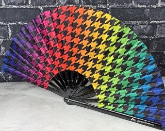 Rainbow Houndstooth Pride Pattern on a Large Clack Fan Designed by Tara Vojta, Manufactured in Limited Edition Batches.