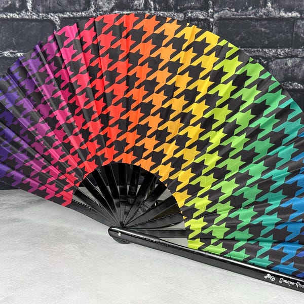 Rainbow Houndstooth Pride Pattern on a Large Clack Fan Designed by Tara Vojta, Manufactured in Limited Edition Batches.