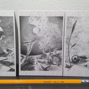 May include: Three black and white pencil drawings on white paper. The first drawing depicts a mushroom-like structure with a moon and stars in the background. The second drawing shows a mushroom-like structure with a cloud of smoke in the background. The third drawing shows a large ant with two tall stalks in the background.