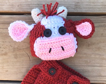 Cow Outfit for baby, Red Angus Cow costume, baby outfit, baby cow, crochet, newborn photo shoot, brown cow, baby shower gift, calf costume