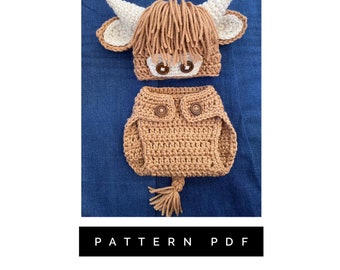 Crochet PATTERN, Highland Cow Outfit pattern, crochet brown cow, baby outfit, baby cow newborn pictures, farm photo shoot, farm photo props
