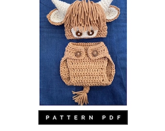 Crochet PATTERN, Highland Cow Outfit pattern, crochet brown cow, baby outfit, baby cow newborn pictures, farm photo shoot, farm photo props