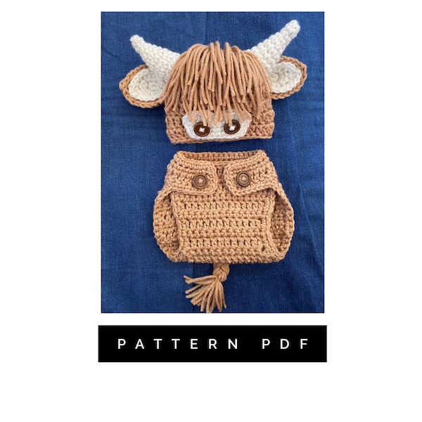 Crochet PATTERN, Highland Cow Outfit pattern, crochet brown cow, baby outfit, baby cow newborn pictures, farm photo shoot, farm photo props