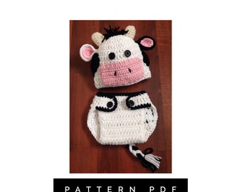 Crochet PATTERN, Cow outfit, Holstein cow, newborn pictures, cow crochet pattern, handmade gifts, printable pattern, baby, farm animals