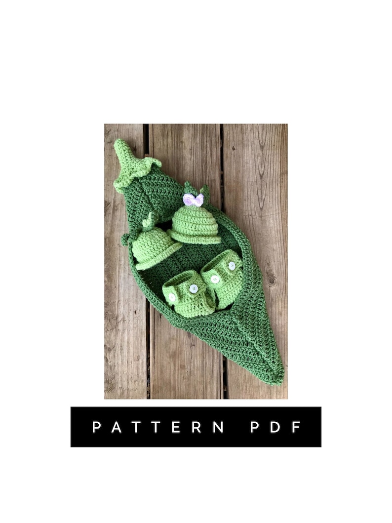 May include: Crochet pattern for a pea pod, three peas, and a flower. The pattern is available as a PDF download.  PATTERN PDF