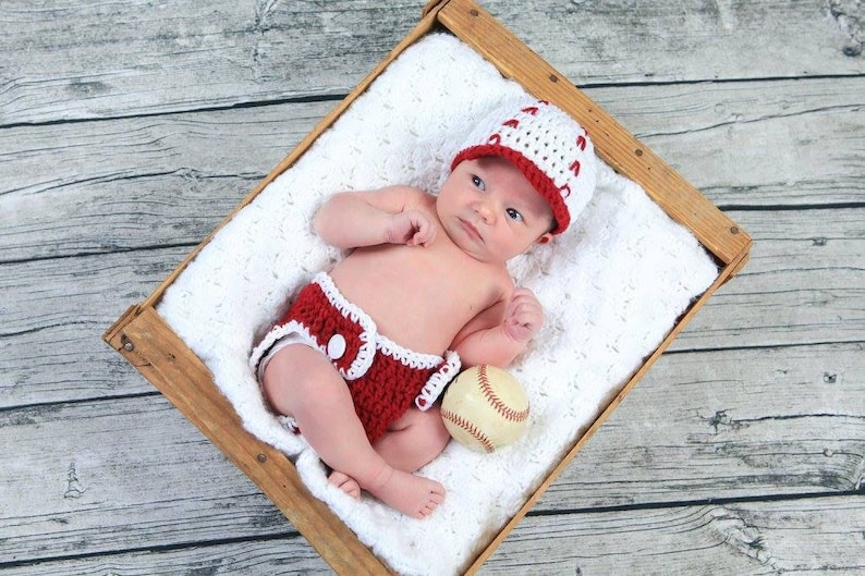 Baseball Outfit, Newborn baseball outfit, Baseball hat, newborn pictures, baseball photo shoot, crochet outfit, bat and ball, baseball gift image 1