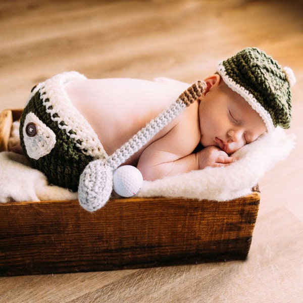 Golfer Outfit, Newborn golf outfit, golf hat, newborn pictures, golfer photo shoot, crochet outfit, hat and putter, golf cap, golf shorts