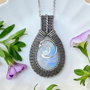 CRESCENT MOON Necklace for Women Moonstone Sterling Silver Wire Wrapped Pendant Necklace for Men Moonstone June Birthstone Crystal Necklace