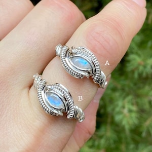 Moonstone Ring for Women size 7, 8 Sterling Silver Wire Wrapped Ring for Gift Rainbow Moonstone Ring for Gift June Birthstone Ring for Mom
